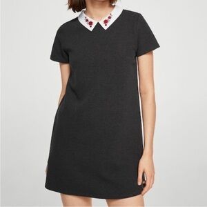 Mango Rose Floral Embroidered Collar Grey Mini Dress